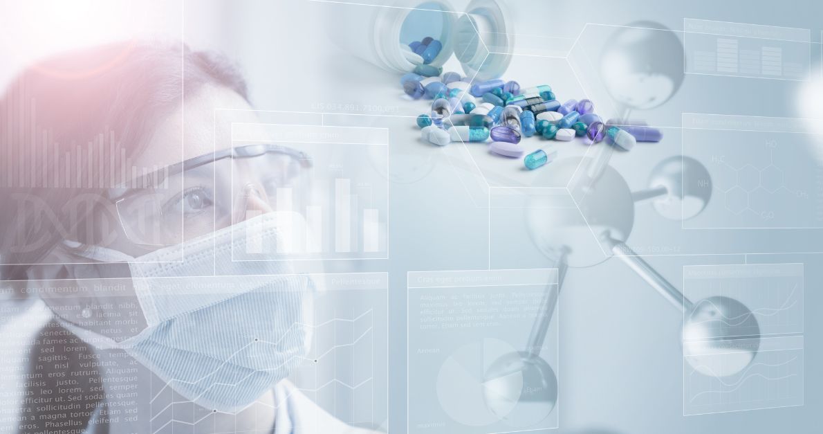 Benefits of PV Outsourcing Pharmaceutical researcher wearing protective mask and goggles observing data graphics with capsules and molecular structures, symbolising pharmacovigilance and drug safety outsourcing.