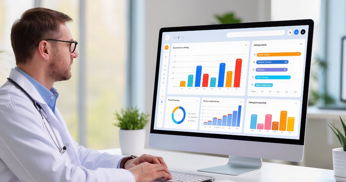 Clinician reviewing a safety data analytics dashboard with charts and reports on a desktop computer.